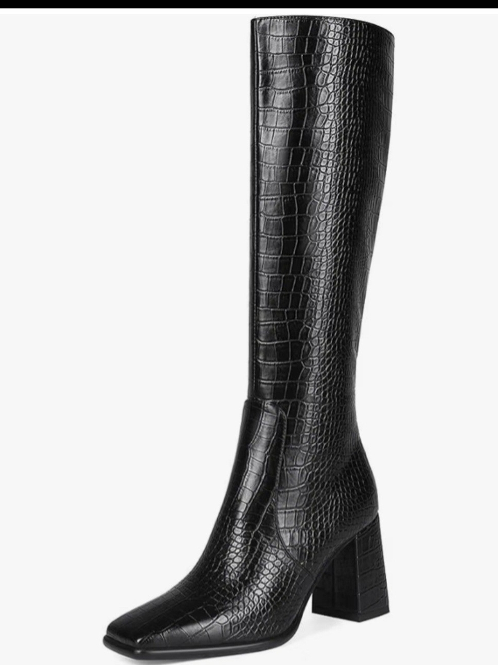 Knee-High Croc-Embossed Block Heel Boots - Black